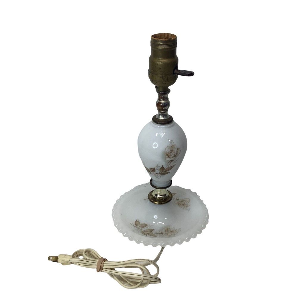 Vintage White Milk Glass Table Desk‎ Lamp with Brown Roses NO Shade Tested Works
